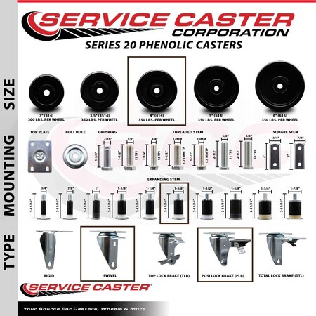 Service Caster 4'' Phenolic Swivel 1-3/8'' Expanding Stem Caster Set with Brake, 4PK SCC-EX20S414-PHS-PLB-138-4